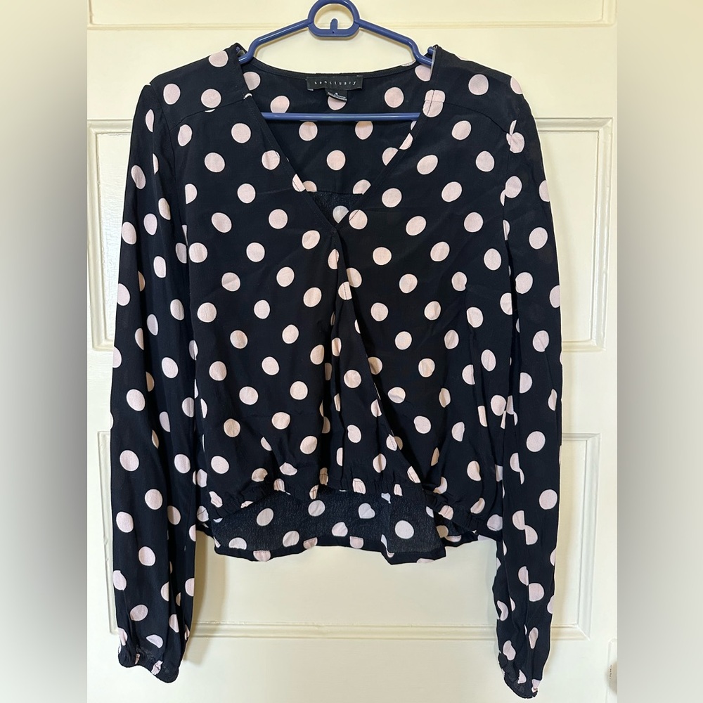 Sanctuary long sleeved top blouse, size S (small), black and white polka dots